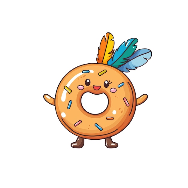 Wesoły Kawaii Donut Character z plemiennymi piórami i uśmiechem