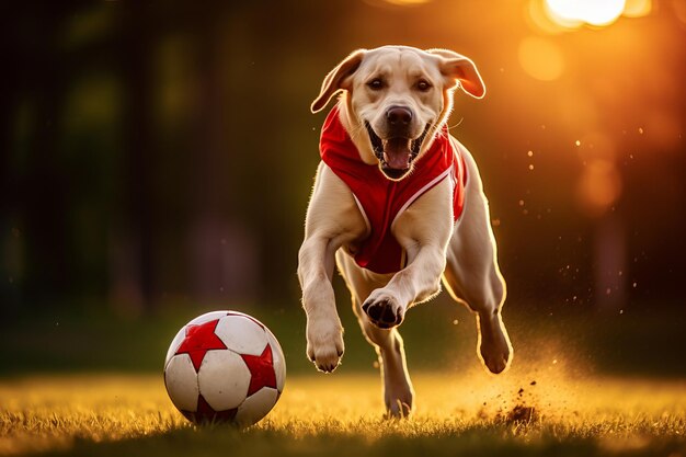 Zdjęcie wesoły labrador retriever zaangażowany w zabawne rzucanie piłką w malowniczym miejscu na świeżym powietrzu