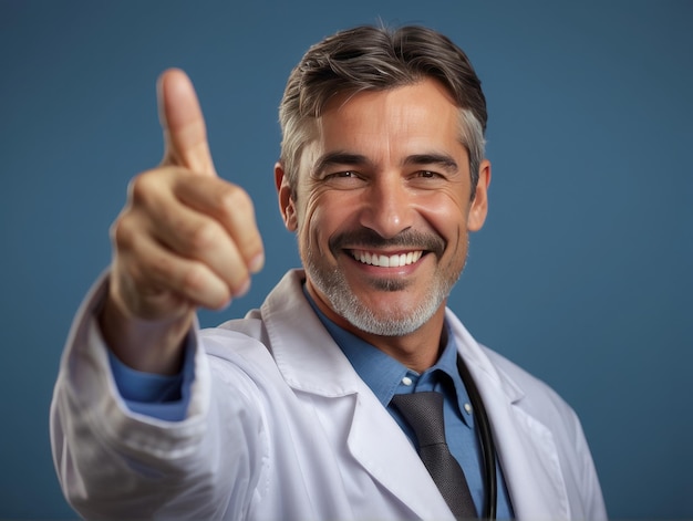 Wesoły lekarz wyrażający szczęście, wskazując palcem na niebieskie tło