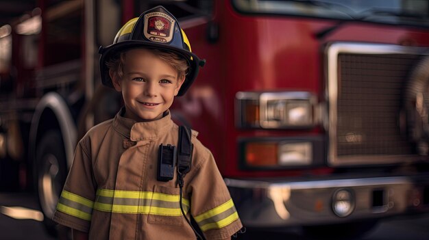 Wesoły młody człowiek w kostiumie strażaka z samochodem straży pożarnej w tle
