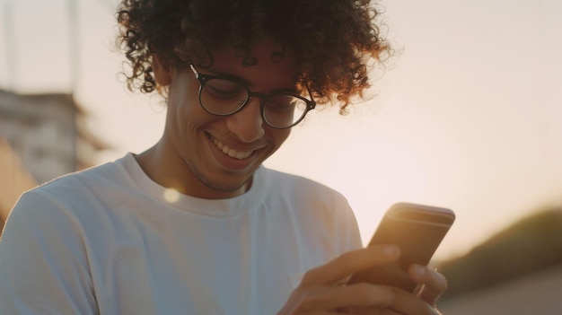 Wesoły młody człowiek z kręconymi włosami uśmiecha się do swojego smartfona w złotym świetle zachodu słońca
