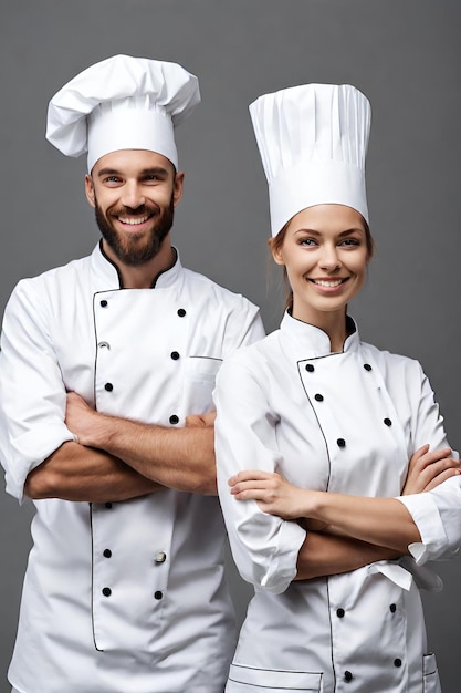 wesoły młody kucharz w mundurze stojący na białym tle nad szarą ścianą w wysokiej rozdzielczości