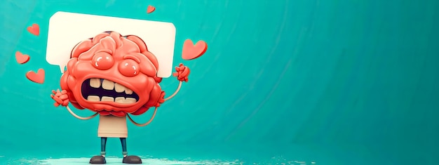 Zdjęcie wesoły niebieski mózg z kreskówką z znakiem serca w elektrycznie niebieskiej przestrzeni kopiowania