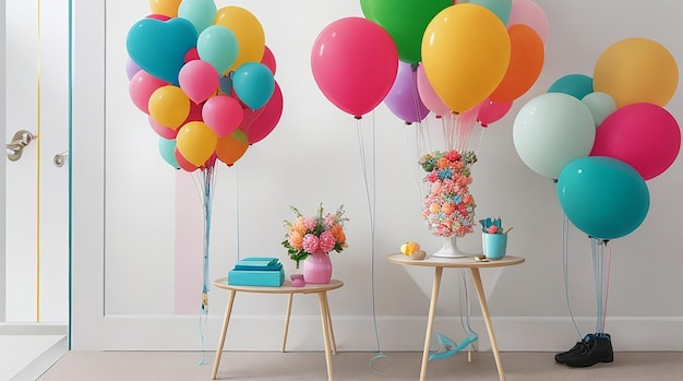 Wesoły, nowoczesny projekt z jasnymi, wielowymiarowymi balonami