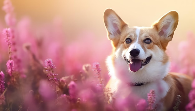Wesoły pies corgi na polu z koncepcją wiosny fioletowe kwiaty
