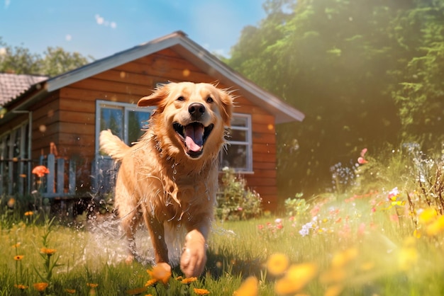 Wesoły pies potrząsa się po opuszczeniu wody w letnim domku w tle jest domek
