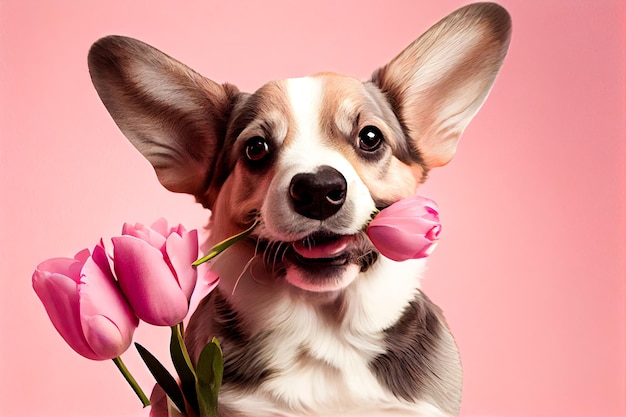 Wesoły pies z wiosennymi tulipanami Generacyjna sztuczna inteligencja Generacyjna sztuczna inteligencja