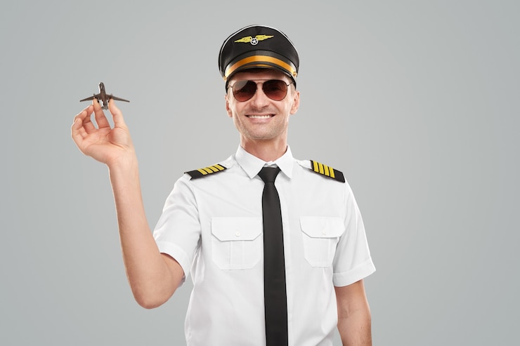 Zdjęcie wesoły pilot w mundurze z samolocikiem