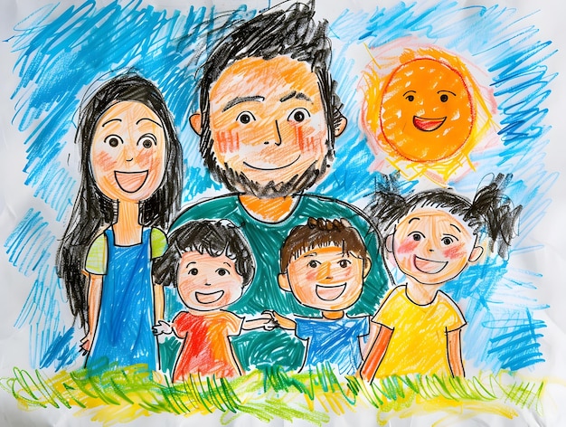 Zdjęcie wesoły portret rodziny w kolorowym rysunku