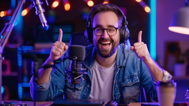 Wesoły prezenter radiowy wykazuje oznaki entuzjazmu podczas nagrywania podcastu z kolegą