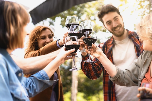 Wesoły przyjaciele bawią się pijąc czerwone wino w winnicy Milenialni ludzie wspólnie wznoszący toast na wiejskiej farmie koncepcja wielopokoleniowej przyjaźni