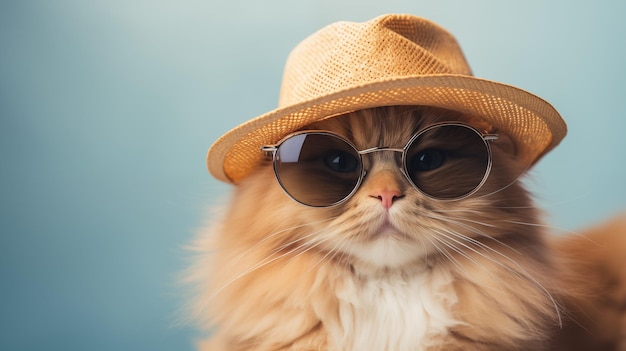 Wesoły, puszysty kot na wakacjach w panamskim kapeluszu, okularach przeciwsłonecznych, podróż i wakacje.