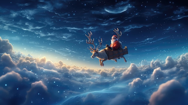 Wesoły renifer z jasnoczerwonym nosem ciągnie sanie Świętego Mikołaja po nocnym niebie