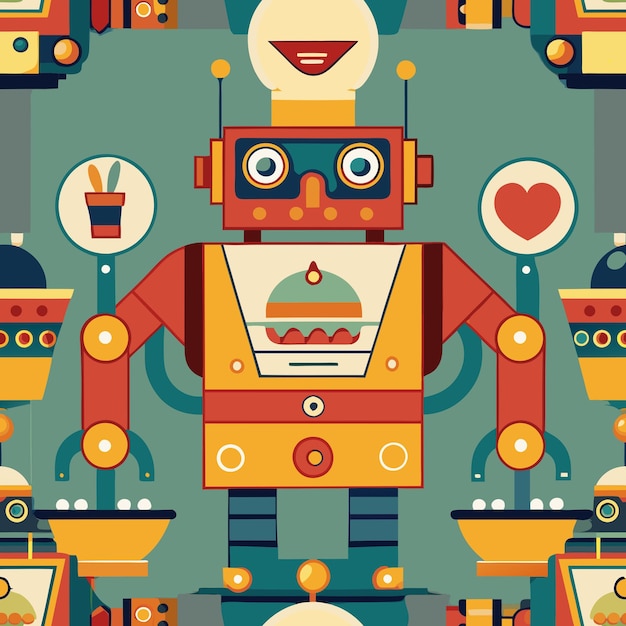 Wesoły robot z rośliną sercem i wzorem ciasta