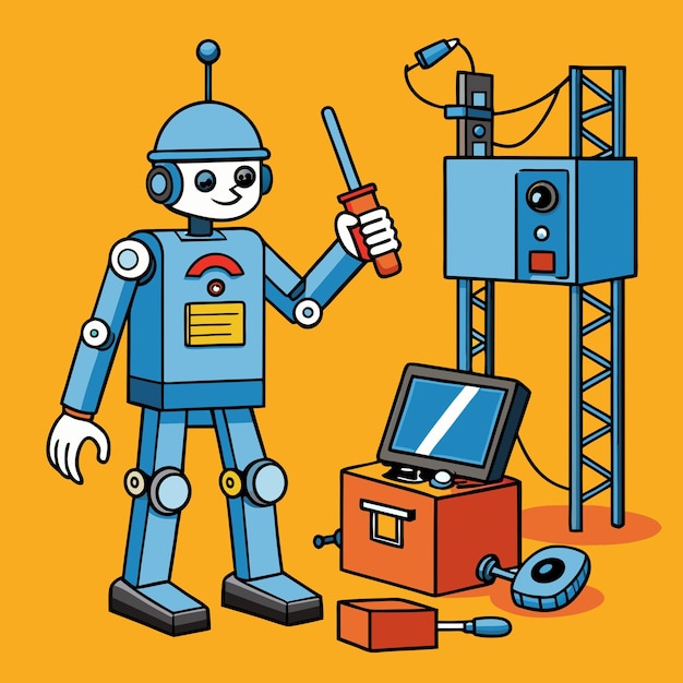 Wesoły robot z śrubokrętem pracujący nad komputerem
