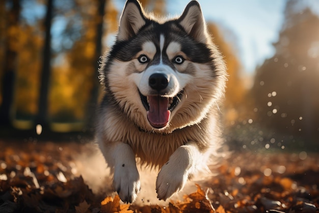 Wesoły Siberian Husky biegający w aportowaniu ze swoim zachwyconym właścicielem wygenerował ai