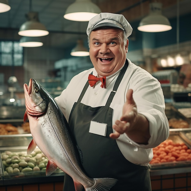 Wesoły szef kuchni trzymający duże ryby na targu Koncepcja rynku owoców morza Reklama projektowania przestrzeni kopiowania