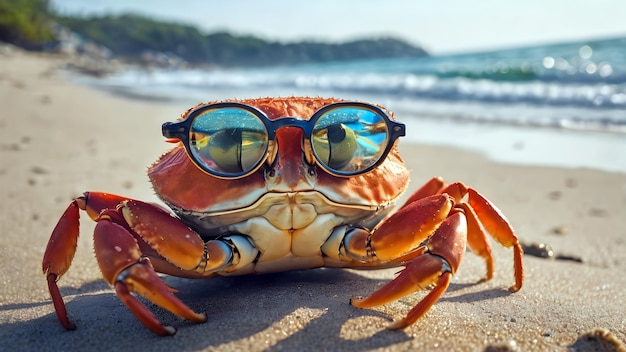 Zdjęcie wesoły, uroczy krab z okularami i kapeluszem na plaży, letnie wakacje na morzu.