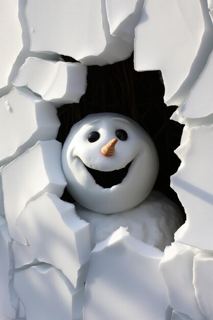 Wesoły uśmiechnięty śnieżak w stylu 3D przebiera się przez białą ścianę