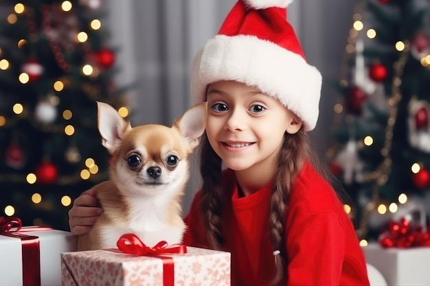 Wesołych Świąt Dziewczyna z psem Chihuahua w pobliżu choinki z pudełkami na prezenty