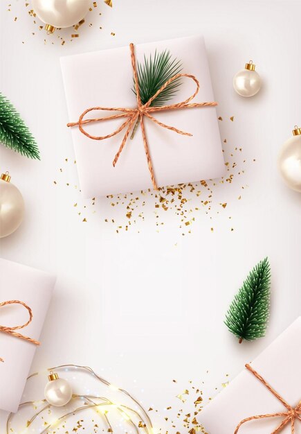Wesołych Świąt i Szczęśliwego Nowego Roku Boże Narodzenie Projekt tła światła girlanda realistyczne prezenty pudełko białe kulki i błyszczące złote konfetti