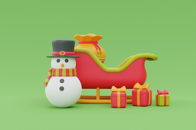 Wesołych Świąt i Szczęśliwego Nowego Roku prezenty worek w saniach Świętego Mikołaja z bałwanem i pudełkami na prezenty renderowania 3d