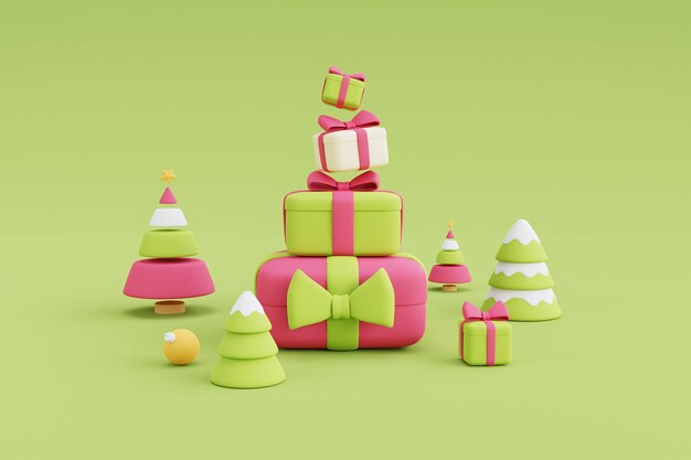 Wesołych Świąt i Szczęśliwego Nowego Roku, Pudełko w otoczeniu sosny, minimalny projekt 3d Xmas Decorations.3d renderowania ilustracji.