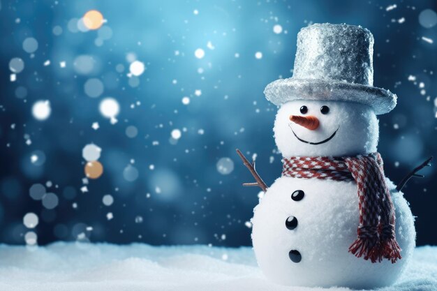 Wesołych Świąt i Szczęśliwego Nowego Roku Szczęśliwy śnieżak stojący w bożonarodzeniowym krajobrazie Na tle śnieżnym Opowieść zimowa