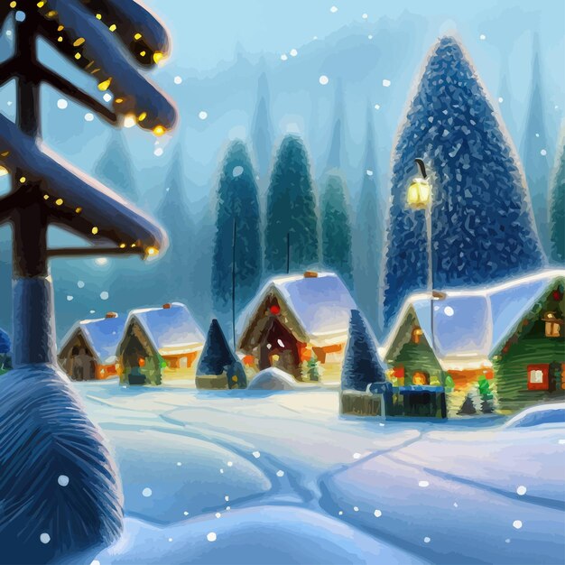 Wesołych Świąt i Szczęśliwego Nowego Roku Zimowa leśna ulica miasta z domami w śnieżnej ramie