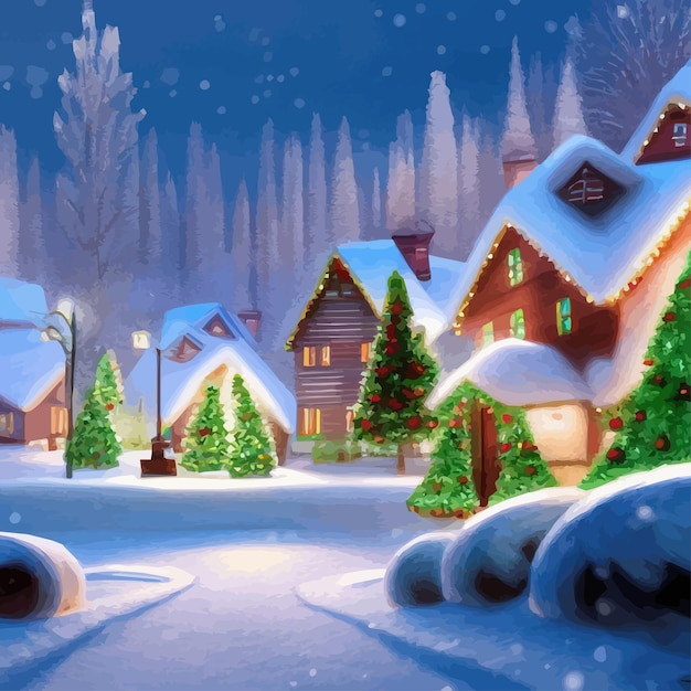 Wesołych Świąt i Szczęśliwego Nowego Roku Zimowa leśna ulica miasta z domami w śnieżnej ramie