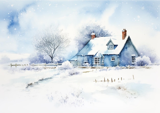 Wesołych Świąt i Szczęśliwych Święt akwarelowy druk artystyczny angielski domek wiejski jako śnieg zimy wakacje świąteczne kartka dziękuję i diy projekt kart powitalnych w stylu wiejskim pomysł