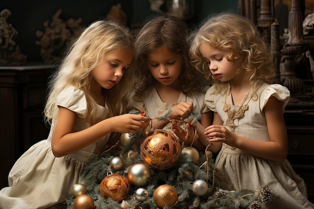 Wesołych Świąt i Szczęśliwych Święt Słodkie małe dzieci dziewczęta z pudełkiem prezentów w pobliżu drzewa w domu