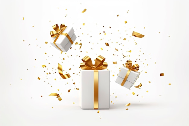Wesołych Świąt i Wesołych Świąt 2024 białe pudełka ze złotymi kokardkami i złotymi cekinami konfetti na białym tle