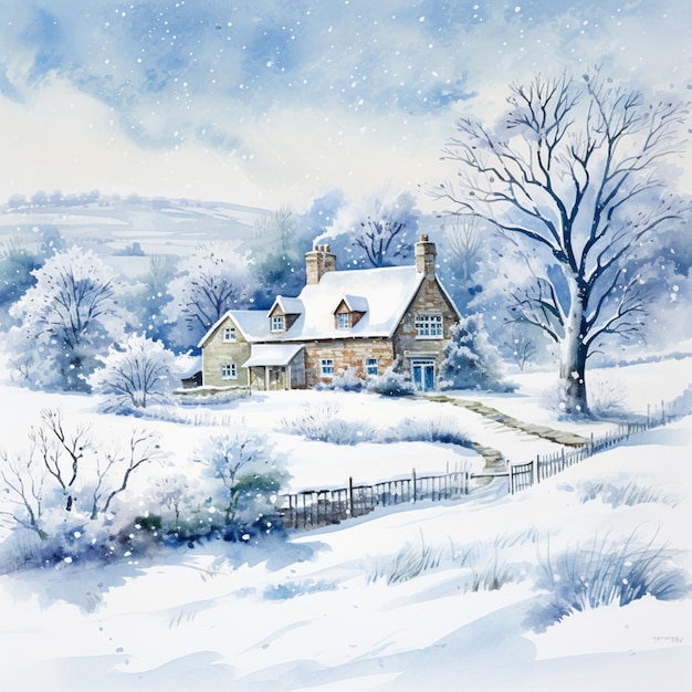 Wesołych Świąt i wesołych świąt akwarela druk artystyczny angielski wiejski domek jako śnieg zimowe wakacje kartka świąteczna dziękuję i diy projekt karty z pozdrowieniami w stylu wiejskim