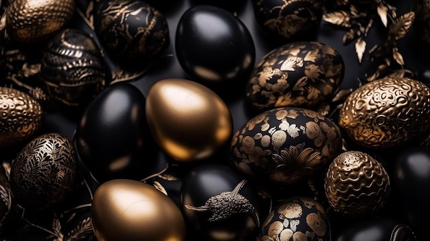 Wesołych Świąt Luksusowe tło ze złotymi i czarnymi jajkami Generative AI
