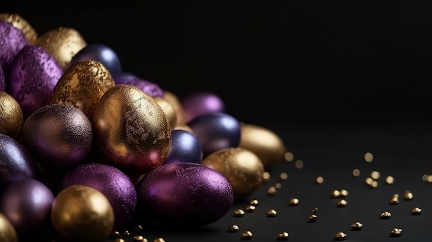 Wesołych Świąt Luksusowe tło ze złotymi i fioletowymi jajkami Puste miejsce reklamowe Generacyjna sztuczna inteligencja
