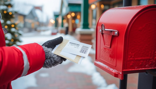 Zdjęcie wesołych świąt nowego roku fotografia czerwona skrzynka pocztowa otrzymująca i wysyłająca dary noworoczne
