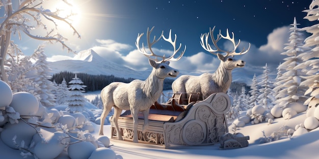Wesołych Świąt, renifery, zimowe wakacje, tło, świąteczne sanie z płatkami śniegu reniferów i słonecznymi światłami bokeh