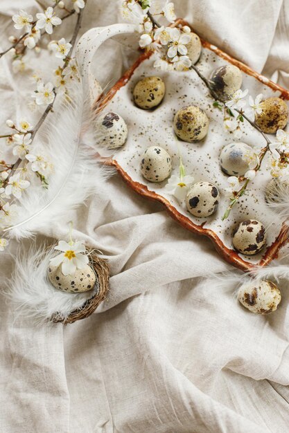 Wesołych Świąt Rustykalne wielkanocne płaskie mieszkanie Stylowe pisanki i kwitnące wiosenne kwiaty na rustykalnym stole Naturalne jajka przepiórcze w piórach tacy i kwiatach wiśni lniana tkanina