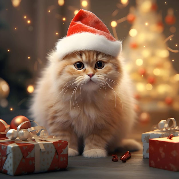 Wesołych Świąt Słodki, puszysty kot w kapeluszu Świętego Mikołaja