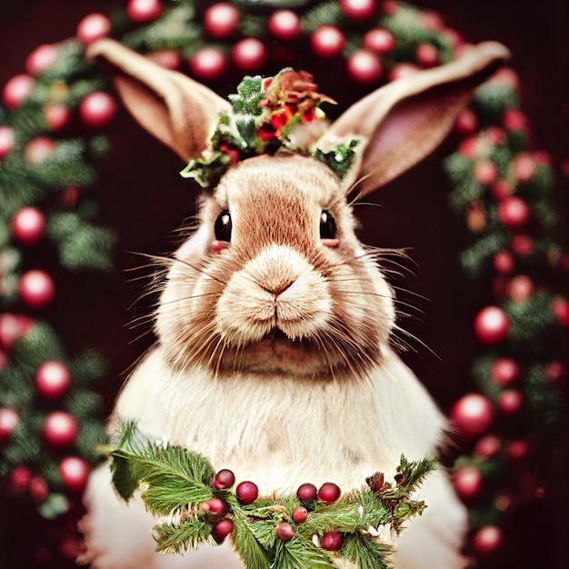 Wesołych świąt tło kartkę z życzeniami z królikiem w wieniec renderowania 3d
