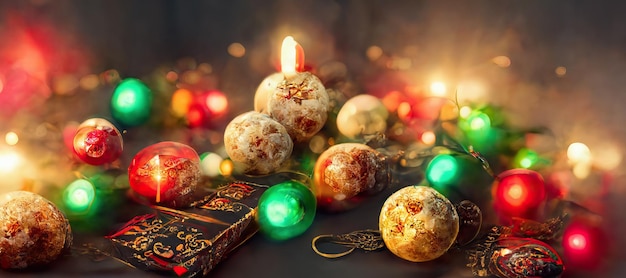 Wesołych Świąt tło z sosnowymi kulkami prezentami i ozdobami świątecznymi Cyfrowa ilustracja