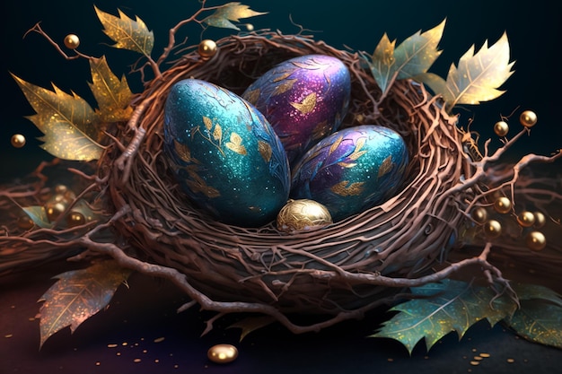 Wesołych Świąt, Wielkanocna radość ze złotymi jajkami i gniazdami na odosobnionym tle