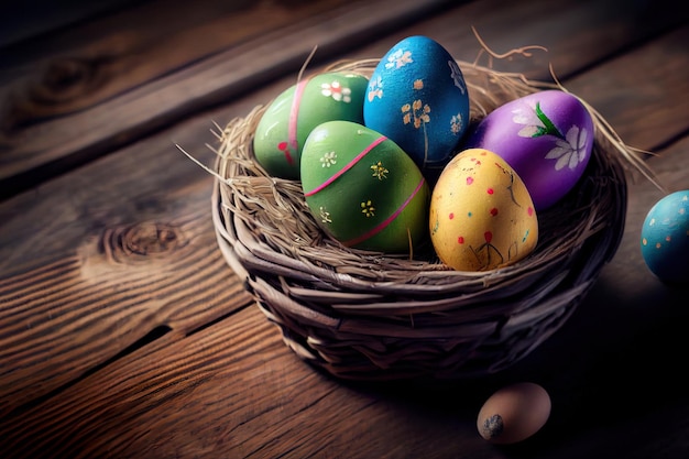 Wesołych Świąt Wielkanocni malujący jajka w koszu na drewnianym Generatywnym Ai