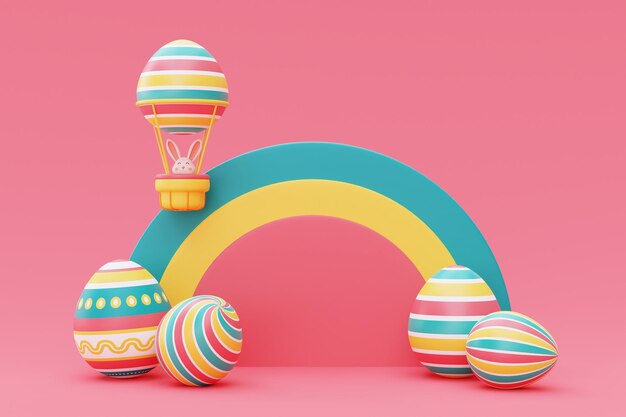 Wesołych Świąt Wielkanocnych kolorowe tło z pisanki i easter bunnyMiędzynarodowe Święto Wiosnyminimalny stylRenderowanie 3d