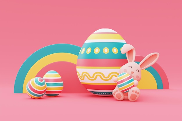 Wesołych Świąt Wielkanocnych kolorowe tło z pisanki i easter bunnyMiędzynarodowe Święto Wiosnyminimalny stylRenderowanie 3d