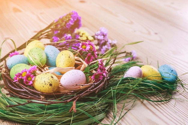 Wesołych świąt wielkanocnych tło jasne kolorowe jajka w gnieździe z wiosennymi kwiatami na drewnianym ciemnym bac