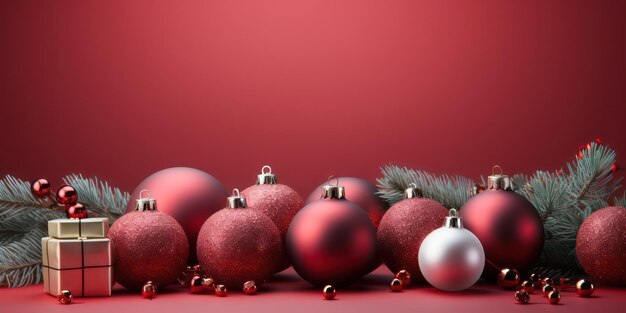 Wesołych Świąt z świątecznymi dekoracjami na czerwonym tle z przestrzenią do kopiowania