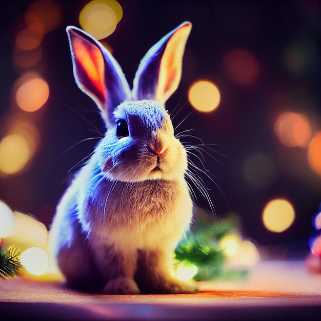 Wesołych świąt z życzeniami tło z królikiem i pudełkami na prezenty renderowania 3d