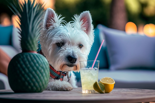 West highland white terrier na letnich wakacjach z koktajlem Generative AI